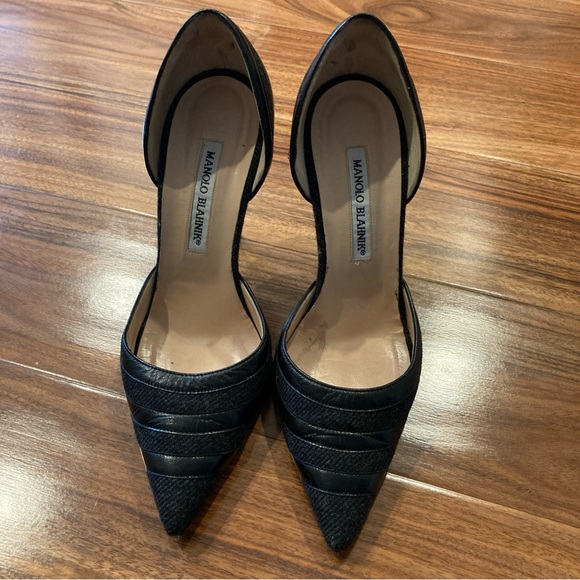 Manolo Blahnik black Wood leather pointed toe heel shoes SZ 7/37.5 Pre-owned - Picture 1 of 14